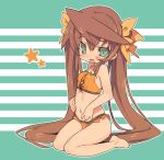  bare_shoulders barefoot blade_(lovewn) blush bow brown_hair erect_nipples fang green_eyes hair_bow huang_lingyin infinite_stratos long_hair midriff navel open_mouth sitting solo swimsuit tankini twintails very_long_hair wariza 