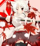  alza black_legwear inubashiri_momiji katana leaf maple_leaf navel red_eyes silver_hair solo sword touhou weapon 