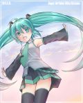  :d ahoge aqua_eyes aqua_hair detached_sleeves hatsune_miku long_hair mystmu necktie open_mouth outstretched_arms skirt smile solo spread_arms thigh-highs thighhighs twintails very_long_hair vocaloid 