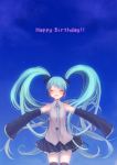  aqua_hair blush closed_eyes detached_sleeves eyes_closed happy_birthday hatsune_miku headset highres long_hair necktie open_mouth outstretched_arms skirt sleeves_past_wrists solo spread_arms thigh-highs thighhighs twintails very_long_hair vocaloid wokara 