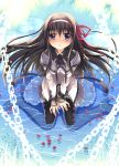  akemi_homura black_hair black_legwear blue_eyes blush boots chain chains feathers hair_ribbon long_hair looking_up magical_girl mahou_shoujo_madoka_magica pantyhose petals purple_eyes ribbon sitting skirt solo sousouman submerged v_arms wariza water wet wet_clothes 