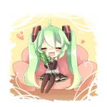  :3 ahoge blush brown_legwear chibi closed_eyes couch detached_sleeves eyes_closed green_hair hair_ribbon happy hatsune_miku heart highres long_hair necktie object_hug open_mouth ribbon shirt sitting skirt smile solo spring_onion thigh-highs thighhighs twintails upskirt vocaloid yuya_(night_lily) 