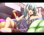 beer cushion drpow hatsune_miku letterboxed long_hair open_mouth reclining sitting solo tom_(drpow) vocaloid 