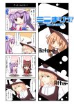  &gt;_&lt; 4koma ascot beni_shake black_dress blonde_hair blush_stickers bow braid brown_hair chibi child comic crescent crimson_shake detached_sleeves dress fang hair_bow hair_tubes hakurei_reimu hat highres kirisame_marisa miko multiple_girls open_mouth patchouli_knowledge pink_dress purple_eyes purple_hair shirt skirt skirt_set touhou translated translation_request violet_eyes witch witch_hat yellow_eyes 