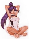  arms_behind_head arms_up asuka_(dream_c_club_zero) barefoot blue_eyes breasts cleavage crossed_legs dark_skin dream_c_club dream_c_club_zero feet fumio_(rsqkr) humio indian_style large_breasts legs legs_crossed light_smile long_hair ponytail purple_hair sitting smile solo tan 