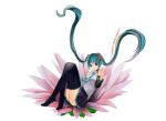  absurdres aqua_hair bad_id detached_sleeves flower hair_flower hair_ornament happy_birthday hatsune_miku highres ichiko_oharu long_hair necktie reclined reclining skirt solo thigh-highs thighhighs twintails very_long_hair vocaloid 