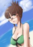  absurdres akizuki_ritsuko antenna_hair bare_shoulders beach bikini breasts brown_eyes brown_hair cleavage collarbone front-tie_top glasses highres idolmaster large_breasts lunos open_mouth shadow solo strap_gap swimsuit water 