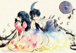  ahoge artist_request back-to-back ballerina ballet_slippers bare_shoulders black_hair choker dress dual_persona flower ichihana_mitsu_(asteroid) princess_kraehe princess_tutu rue_(princess_tutu) shoe_ribbon sitting traditional_media watercolor_(medium) 