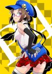  bag bare_shoulders belt blue_eyes breasts brown brown_hair elbow_gloves fingerless_gloves glasses gloves hat looking_back mari_(persona) marie_(persona_4) messenger_bag miniskirt necktie peaked_cap persona persona_4 persona_4_golden persona_4_the_golden plaid plaid_skirt shidatsu_takayuki shoulder_bag sideboob skirt sleeveless sleeveless_shirt smile solo thighhighs 