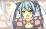  1girl :d animal_ears aqua_eyes aqua_hair bell bust cat_ears cat_paws collar fake_animal_ears fangs hatsune_miku heart kuroi_(liar-player) looking_at_viewer open_mouth paws smile solo vocaloid zoom_layer 