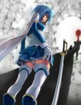  blue_hair cape elsa_maria_(madoka_magica) from_below gloves highres magical_girl mahou_shoujo_madoka_magica miki_sayaka panties pantyshot short_hair sword thighhighs underwear weapon witch&#039;s_labyrinth witch's_labyrinth xiamianliele 