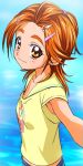  face futari_wa_precure_splash_star hair_ornament hair_up hairclip haruyama hyuuga_saki orange_eyes orange_hair precure smile thick_eyebrows 