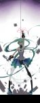  7th_dragon_2020 arm_up bad_id green_hair hatsune_miku hatsune_miku_(7th_dragon_2020) highres long_hair lyodi microphone microphone_stand pigeon-toed pigeon_toed skirt solo thigh-highs thighhighs twintails very_long_hair vocaloid 
