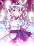  bad_id blue_dress dress glowing hat highres izumi_minami looking_at_viewer looking_down magic open_mouth outstretched_arms pink_eyes pink_hair saigyouji_yuyuko sash short_hair smile solo spread_arms touhou 
