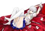  ace bad_id blue_eyes bra braid breasts card cards cleavage gloves highres izayoi_sakuya knife lingerie looking_at_viewer lying lying_card maid maid_headdress on_back open_clothes open_shirt playing_card shirt sindre solo thigh-highs thighhighs throwing_knife touhou twin_braids underwear weapon white_gloves white_hair white_legwear 
