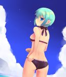  1girl ass bikini blue_eyes blue_hair blush butt_crack cloud from_behind hair_ornament kaitou_tenshi_twin_angel looking_back nine_violet shin_(new) short_hair sky solo swimsuit 