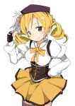  blonde_hair blush bow corset detached_sleeves drill_hair fingerless_gloves gloves hair_ornament hand_on_hip hat hips ixy magical_girl mahou_shoujo_madoka_magica simple_background skirt smile solo thighhighs tomoe_mami twin_drills yellow_eyes 