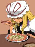  chopsticks closed_eyes eating eyes_closed food hat noodles onikobe_rin plate smile touhou yakumo_yukari 