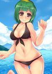  bare_shoulders beach bikini black_bikini bob_cut breasts brown_eyes cleavage front-tie_bikini front-tie_top green_hair hairband highres idolmaster kagami_yuu midriff mole otonashi_kotori short_hair smile solo swimsuit water 