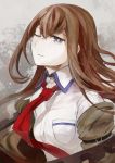  brown_hair eryngii_yoko gears highres jacket light_smile long_hair makise_kurisu necktie off_shoulder solo steins;gate wink 