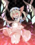  blonde_hair checkered checkered_background fang flandre_scarlet glowing glowing_eyes hakobako hat magic_circle open_mouth outstretched_arm red_eyes short_hair side_ponytail skirt skirt_set solo the_embodiment_of_scarlet_devil touhou wide-eyed wide_eyed wings 