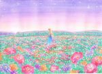  blue_dress crescent_moon dress eri-noa flower flower_field moon original profile sky standing star_(sky) starry_sky traditional_media twilight water_drop watercolor_(medium) wreath 