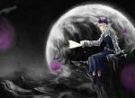  akaikitsune bad_id belt blonde_hair blurry boots bow depth_of_field dress fan food fruit hat highres long_hair moon peach sitting sleeves_past_wrists smile solo space star_(sky) touhou watatsuki_no_toyohime water yellow_eyes 