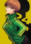 1girl absurdres brown_eyes brown_hair buttons glasses green_jacket hands_in_pockets hankuri highres jacket looking_at_viewer open_mouth persona persona_4 satonaka_chie short_hair skirt solo track_jacket yellow_background zipper