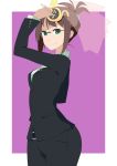  absurdres akizuki_ritsuko arm_up brown_hair formal glasses green_eyes hair_up highres hips idolmaster pant_suit short_hair smile solo suit supi_(pixiv) veil wide_hips 