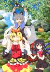  ;p ahoge animal_ears asymmetrical_wings basket black_hair blonde_hair blush_stickers bowtie cheese coin grey_hair hair_ornament highres houjuu_nue jeweled_pagoda mouse_ears mouse_tail multicolored_hair multiple_girls nazrin open_mouth shawl star tail tksymkw tongue toramaru_shou touhou tsurukou_(tksymkw) two-tone_hair wings wink 
