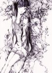  black_hair charmal color_ink_(medium) copyright_request dress flower grey_eyes jewelry long_hair solo traditional_media 