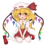  ascot between_legs blonde_hair blush flandre_scarlet hand_between_legs hands_on_lap hat looking_away mary_janes open_mouth qurival-misuna red_eyes shoe_dangle shoes short_hair side_ponytail sitting skirt solo the_embodiment_of_scarlet_devil thigh-highs thighhighs touhou transparent_background v_arms wariza white_legwear wings 