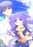  1boy 1girl blue_eyes blue_hair clannad dress envelope hair_bobbles hair_ornament ichinose_kotomi kurumi_rumi long_hair okazaki_tomoya purple_hair stuffed_animal stuffed_toy teddy_bear twintails two_side_up violet_eyes 