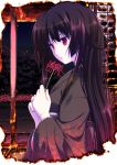  bangs black_hair burnt bust fire flower flower_request hair_between_eyes hime_cut holding japanese_clothes kimono leaf long_hair looking_away obi open_mouth original pale_skin payot profile red_eyes simk solo spider_lily very_long_hair wide_sleeves 