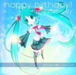  aqua_hair bowtie detached_sleeves flower green_eyes hair_flower hair_ornament happy_birthday hatsune_miku highres jesse_(artist) long_hair open_mouth outstretched_arms saitou_aki skirt solo spread_arms thigh-highs thighhighs twintails very_long_hair vocaloid 