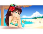  beach bikini blue_eyes brown_hair drink flower ganaha_hibiki hair_flower hair_ornament hibiscus highres idolmaster long_hair mouth_hold ponytail spoon sunglasses sunglasses_on_head swimsuit 