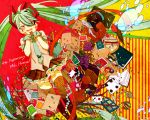  ahoge apple armband blush book cake card cards dice envelope falling_card food fork fruit grapes green_eyes green_hair hair_over_one_eye hatsune_miku long_hair necktie open_mouth pencil skirt solo sorakura_shikiji thigh-highs thighhighs twintails very_long_hair vocaloid window wrist_cuffs 