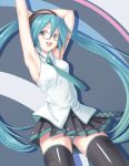  aqua_eyes aqua_hair armpits arms_up bad_id bespectacled face glasses hatsune_miku headphones highres long_hair necktie open_mouth oyamada_masaki panties pantyshot skirt solo striped striped_panties thigh-highs thighhighs twintails underwear very_long_hair vocaloid vocaloid_(lat-type_ver) 