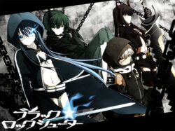  bikini_top black_gold_saw black_hair black_rock_shooter black_rock_shooter_(character) blue_eyes chain chains coat dead_master glowing glowing_eyes green_eyes green_hair highres hood horns konaa kuroi_mato long_hair midriff multiple_girls navel pale_skin red_eyes scar short_hair shorts strength_(black_rock_shooter) takanashi_yomi twintails white_hair yellow_eyes yuu 