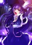  absurdres brown_eyes capelet choker cute_&amp;_girly_(idolmaster) dress elbow_gloves feathers gloves gothic_princess hat highres idolmaster kisaragi_chihaya kj_(colors004) long_hair open_mouth purple_hair solo television 