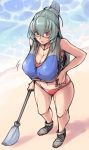  beach bespectacled bikini blush boots breasts cleavage glasses large_breasts life_vest oar red_eyes rozen_maiden rozenweapon silver_hair sketch suigintou swimsuit water 