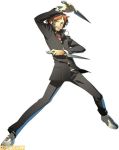  arc_system_works dual_wielding fighting_stance hanamura_yousuke headphones kunai lowres official_art persona persona_4 persona_4:_the_ultimate_in_mayonaka_arena red_hair redhead school_uniform watermark weapon 