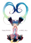  aqua_hair arms_up closed_eyes detached_sleeves eyes_closed floating_hair gradient_hair happy_birthday hatsune_miku heart long_hair multicolored_hair necktie noki_(potekoro) open_mouth simple_background skirt solo twintails very_long_hair vocaloid 