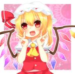  ascot blonde_hair bust double_v fang flandre_scarlet hat lowres open_mouth red_eyes short_hair side_ponytail smile solo the_embodiment_of_scarlet_devil touhou v wings yuria_(kittyluv) 