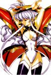  90s absurdres arms_up bracer breasts character_request claret_(langrisser) closed_eyes eyes_closed highres langrisser langrisser_v long_hair official_art simple_background solo thigh-highs thighhighs urushihara_satoshi white_background white_hair 