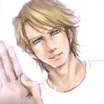  bad_id blonde_hair blue_eyes keith_goodman lowres male realistic solo t-shirt tiger_&amp;_bunny waving yamano_uzura 