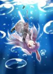  animal_ears bad_id blazer breasts bubble bunny_ears hat high_res highres kemonomimi long_hair nagatsuki_shiwasu necktie oppai purple_hair red_eyes reisen_udongein_inaba single_shoe skirt solo submerged touhou underwater upside-down usamimi very_long_hair 