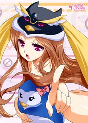  bird bow brown_hair hat kanna_(plum) long_hair mawaru_penguindrum nude open_mouth penguin penguin_3-gou pointing princess_of_the_crystal purple_eyes takakura_himari violet_eyes 