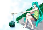  aqua_eyes aqua_hair blue_eyes bush feet food fruit hatsune_miku legs long_hair nail_polish shorts sitting smile solo twintails vocaloid water watermelon 