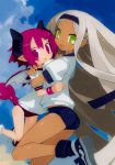  2girls bat_wings dark_skin disgaea_3 green_eyes happy harada_takehito hug long_hair nippon_ichi pink_eyes pink_hair raspberyl sapphire_rhodonite short_hair sky tail white_hair 